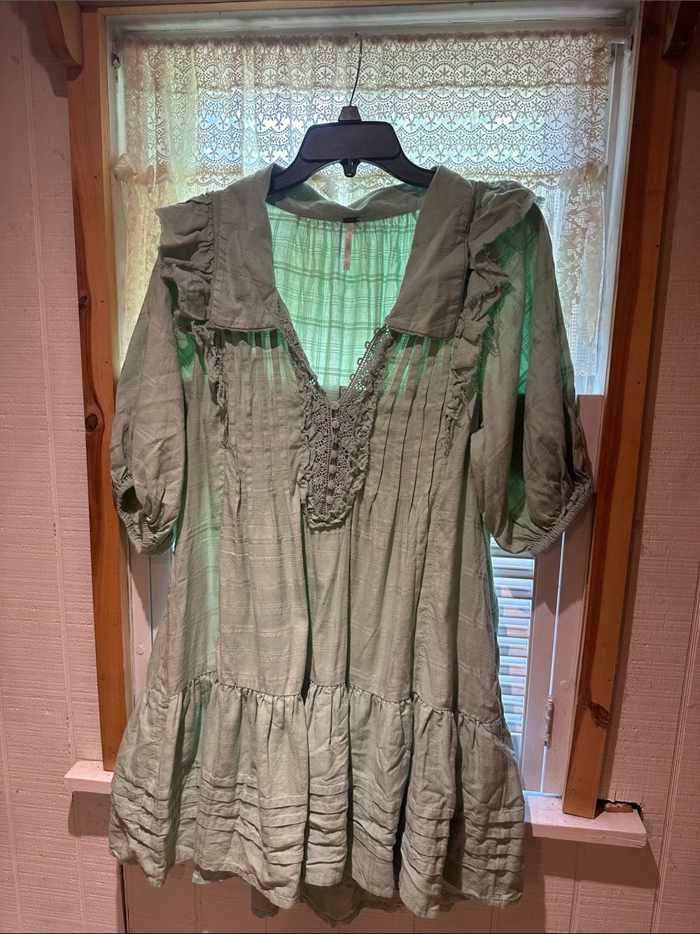 Free People Sage Green Mini Dress with Crochet Detail